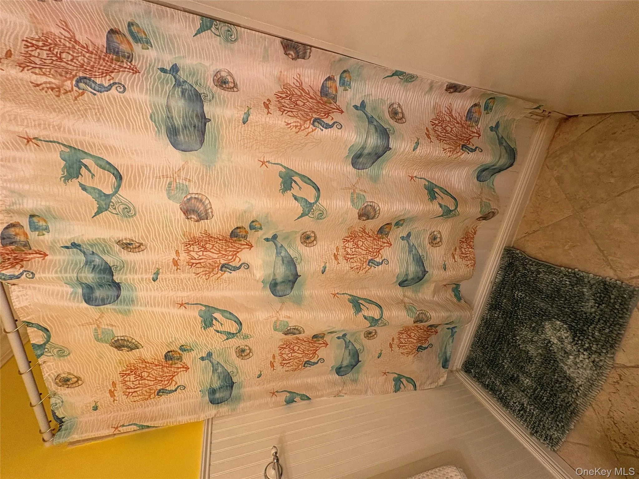 Bathroom featuring shower / tub combo with curtain and a wainscoted wall Bathroom featuring shower / tub combo with curtain and a wainscoted wall