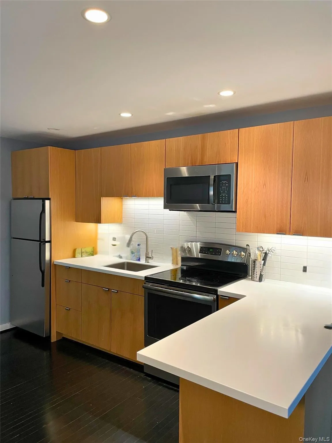 Kitchen featuring appliances with stainless steel finishes, a peninsula, backsplash, dark wood finished floors, and modern cabinets Kitchen featuring appliances with stainless steel finishes, a peninsula, backsplash, dark wood finished floors, and modern cabinets