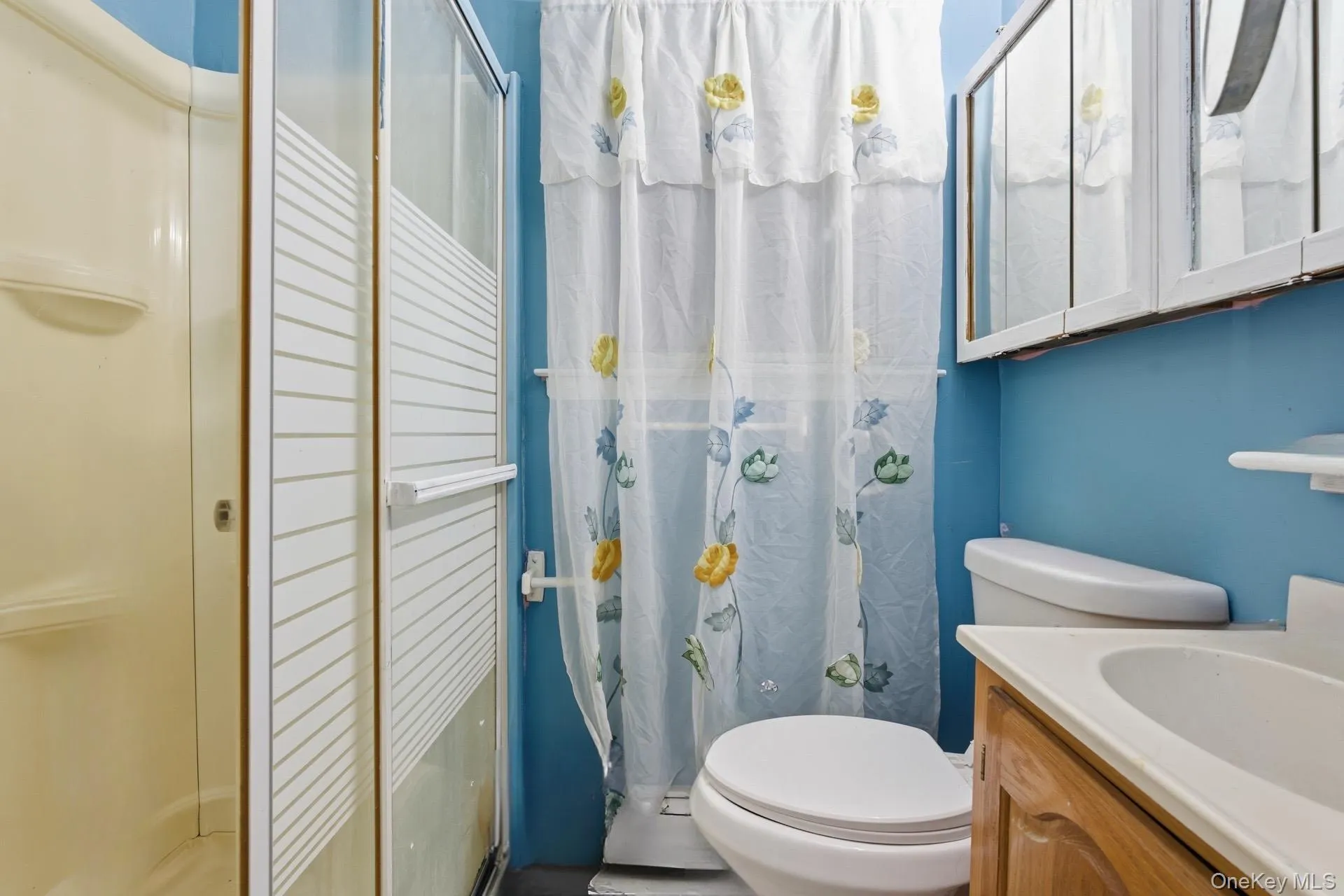 Full bathroom featuring a shower stall, vanity, and a baseboard heating unit Full bathroom featuring a shower stall, vanity, and a baseboard heating unit