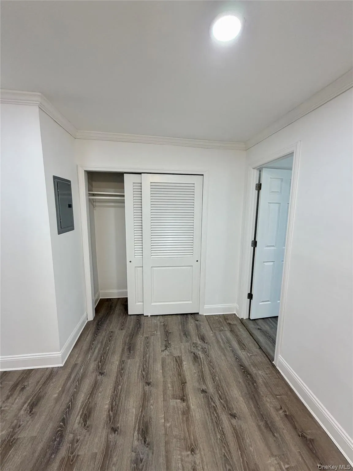 Unfurnished bedroom featuring a closet, dark wood-style floors, electric panel, and ornamental molding Unfurnished bedroom featuring a closet, dark wood-style floors, electric panel, and ornamental molding