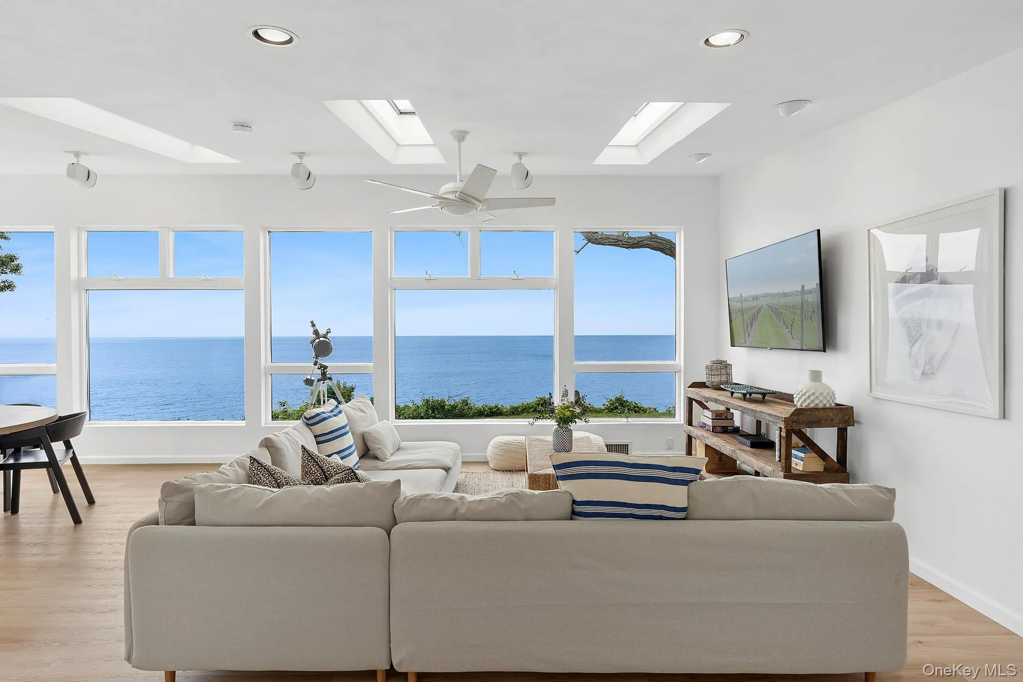 Living room featuring light wood-style flooring, healthy amount of natural light, recessed lighting, ceiling fan, and a skylight Living room featuring light wood-style flooring, healthy amount of natural light, recessed lighting, ceiling fan, and a skylight