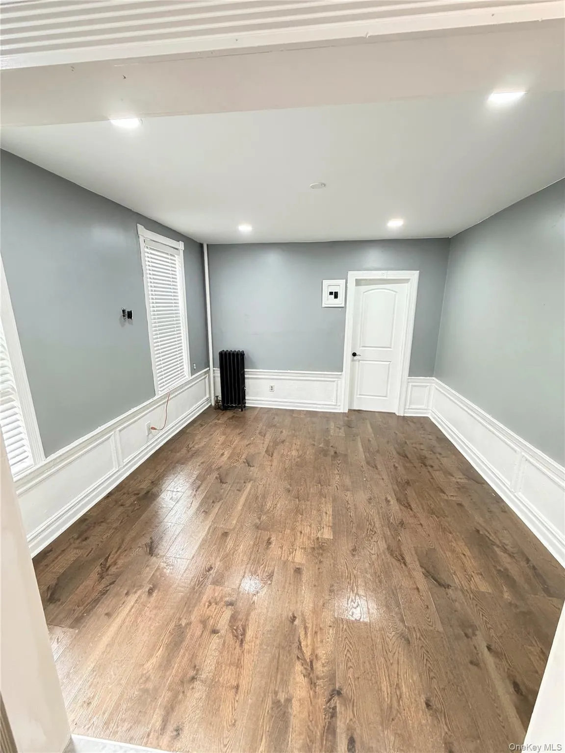 Below grade area with a decorative wall, radiator, a wainscoted wall, and hardwood / wood-style floors Below grade area with a decorative wall, radiator, a wainscoted wall, and hardwood / wood-style floors