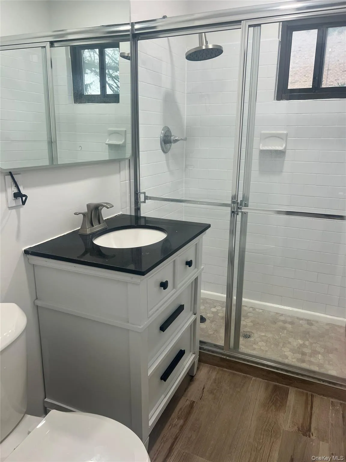 Master en-suite bathroom featuring dark wood-style floors, vanity, and a stall shower Master en-suite bathroom featuring dark wood-style floors, vanity, and a stall shower