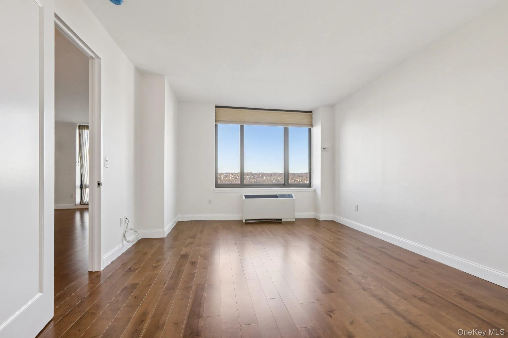 Unfurnished room with dark wood-style flooring and radiator Unfurnished room with dark wood-style flooring and radiator