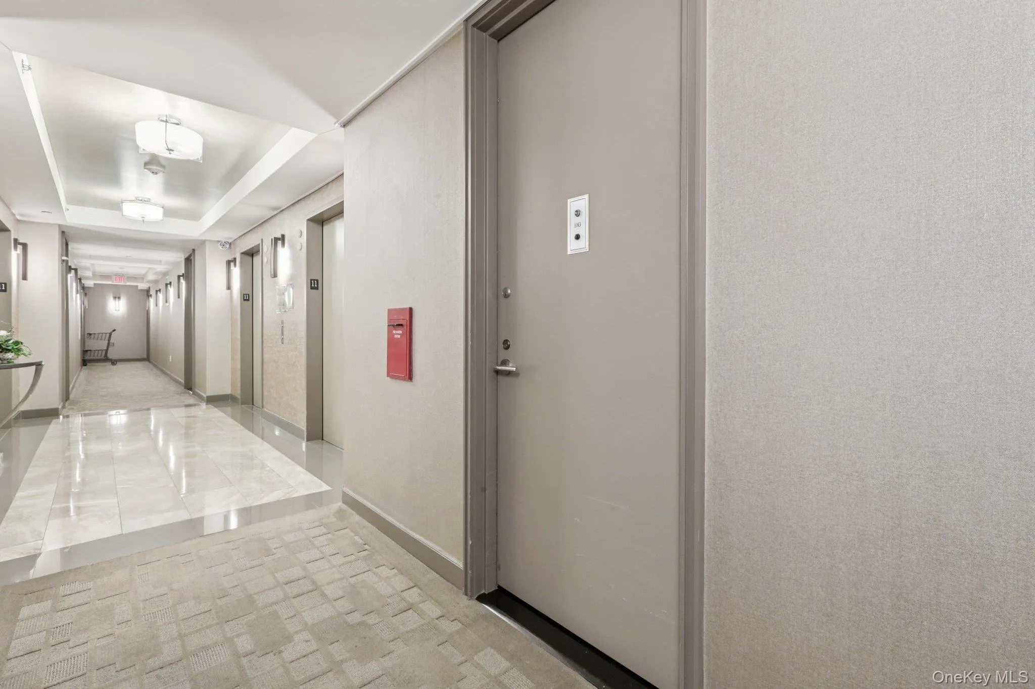Hallway featuring a tray ceiling and elevator Hallway featuring a tray ceiling and elevator