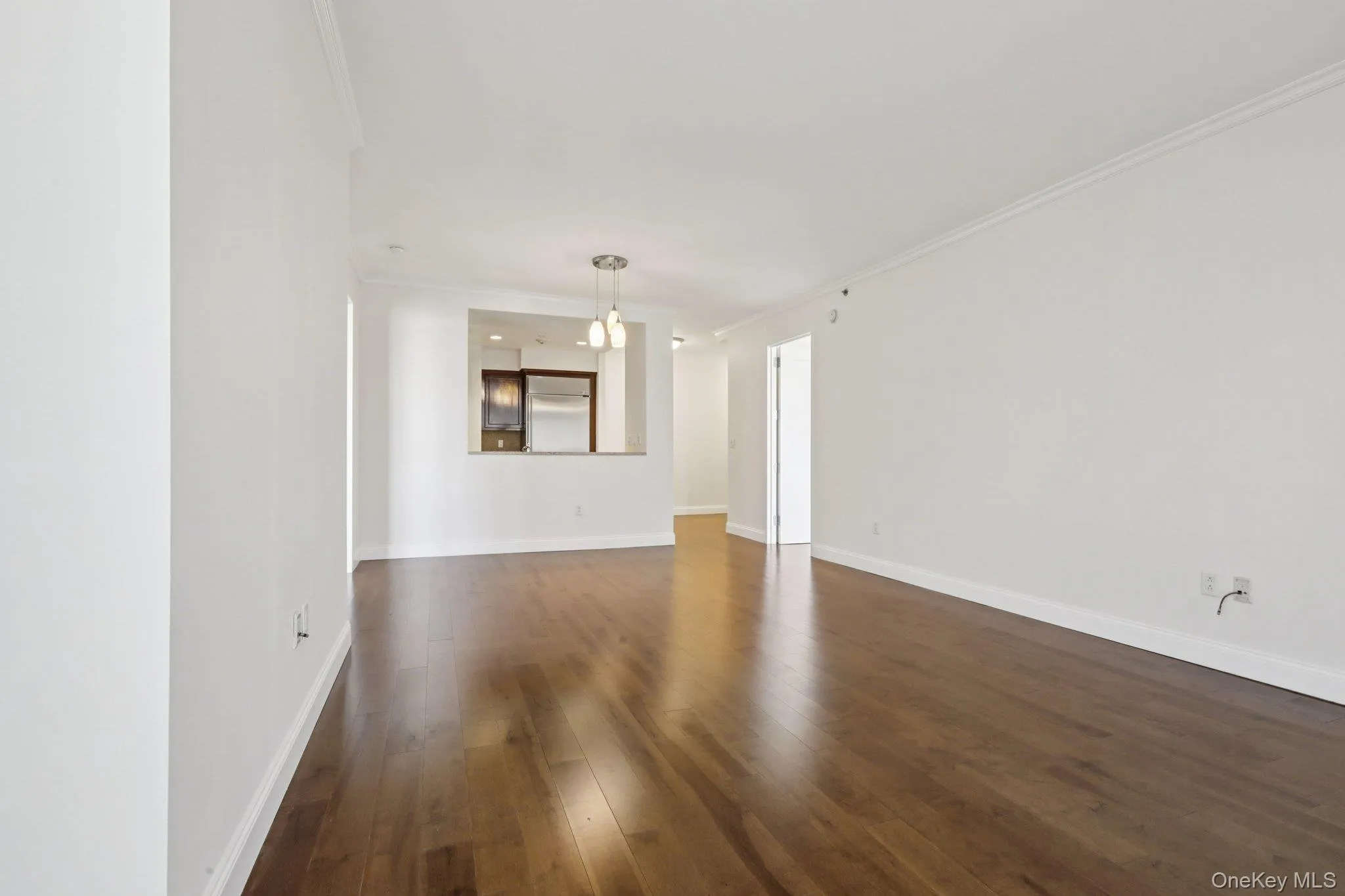 Unfurnished living room with ornamental molding and dark wood finished floors Unfurnished living room with ornamental molding and dark wood finished floors