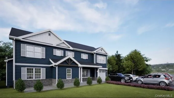 View of front of property with stone siding, a front yard, board and batten siding, and an attached garage View of front of property with stone siding, a front yard, board and batten siding, and an attached garage