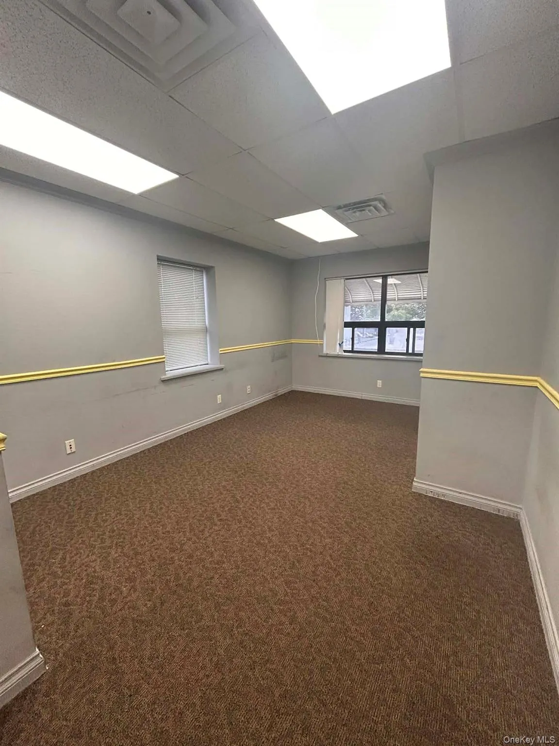 Spare room with dark colored carpet and a drop ceiling Spare room with dark colored carpet and a drop ceiling