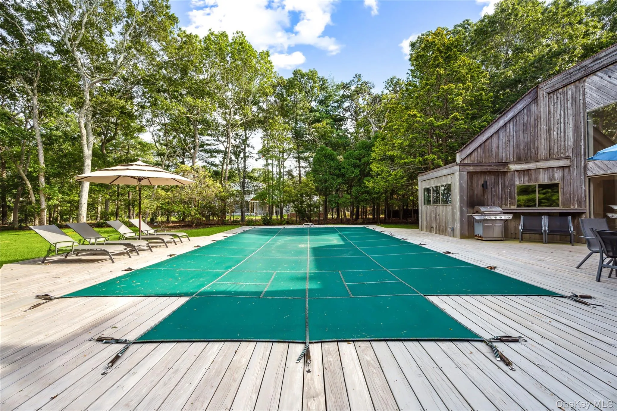 View of swimming pool featuring view of wooded area, a covered pool, a wooden deck, and grilling area View of swimming pool featuring view of wooded area, a covered pool, a wooden deck, and grilling area