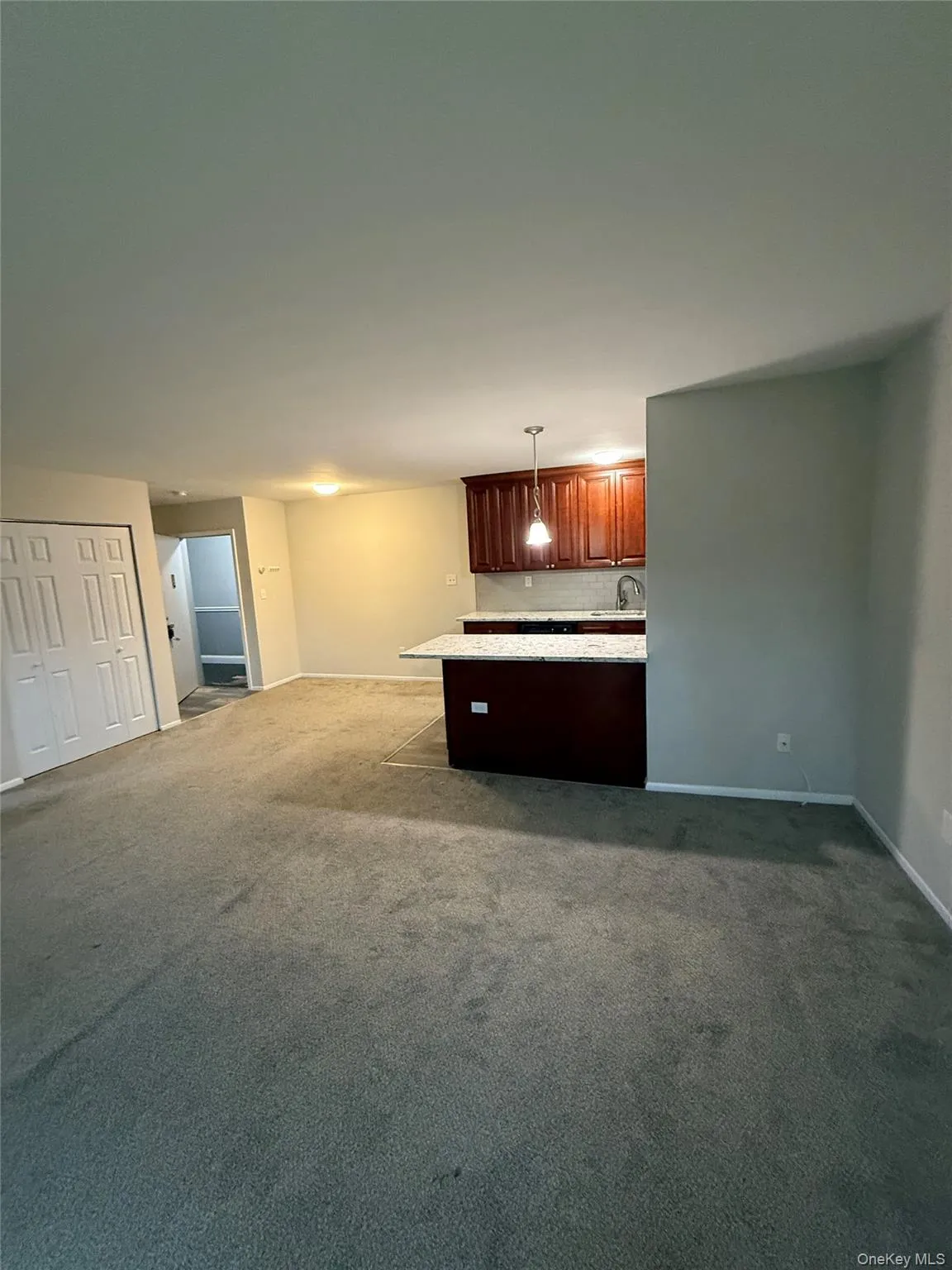Kitchen featuring dark colored carpet, hanging light fixtures, open floor plan, and a peninsula Kitchen featuring dark colored carpet, hanging light fixtures, open floor plan, and a peninsula