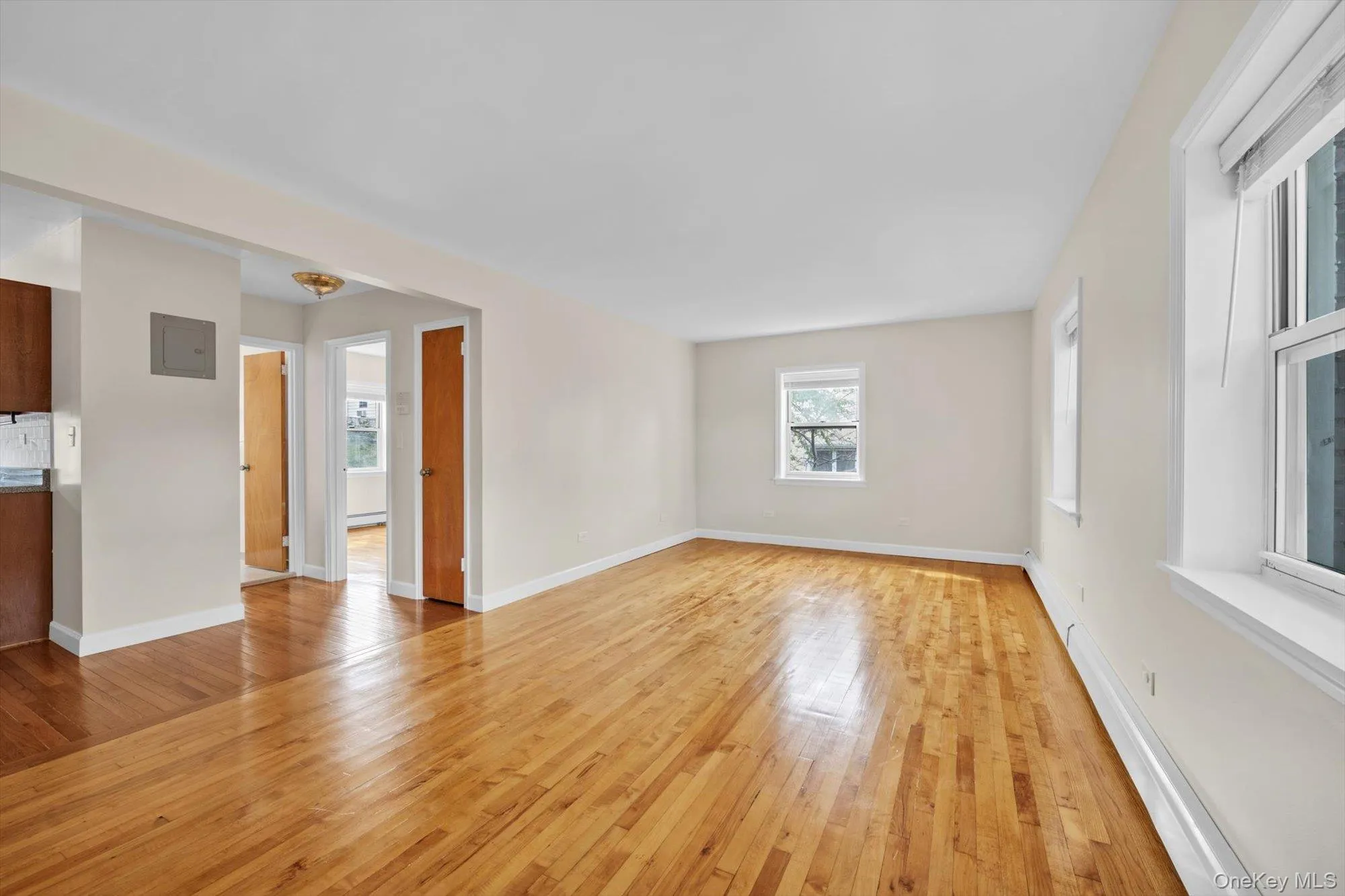 Unfurnished living room featuring light wood-style flooring, a baseboard radiator, and electric panel Unfurnished living room featuring light wood-style flooring, a baseboard radiator, and electric panel