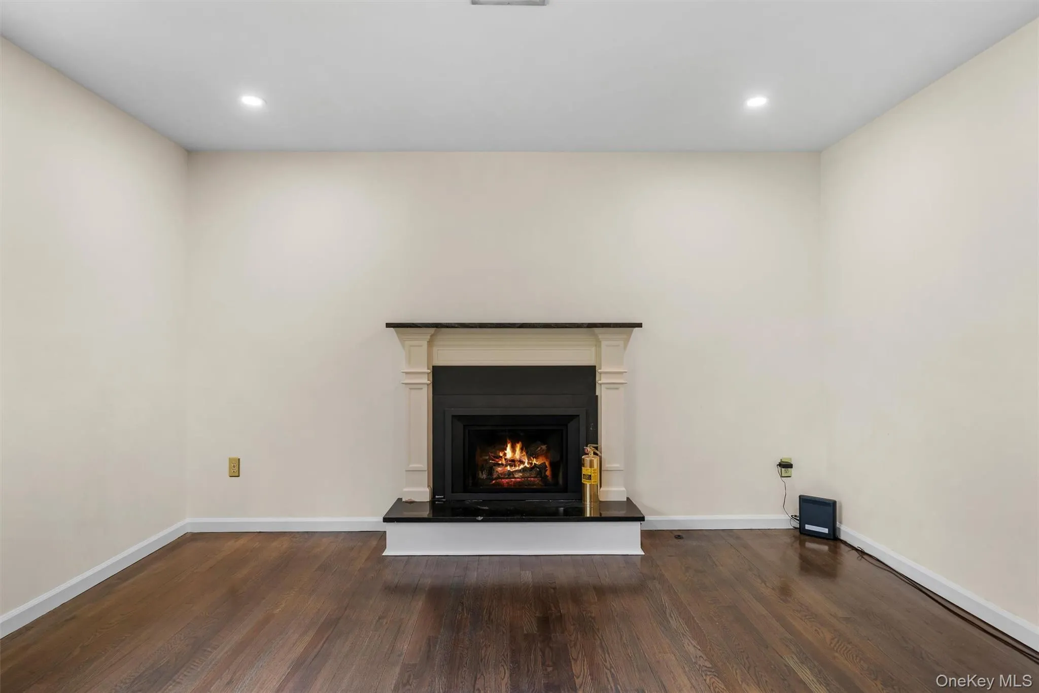 Detailed view of a lit fireplace, wood finished floors, and recessed lighting Detailed view of a lit fireplace, wood finished floors, and recessed lighting