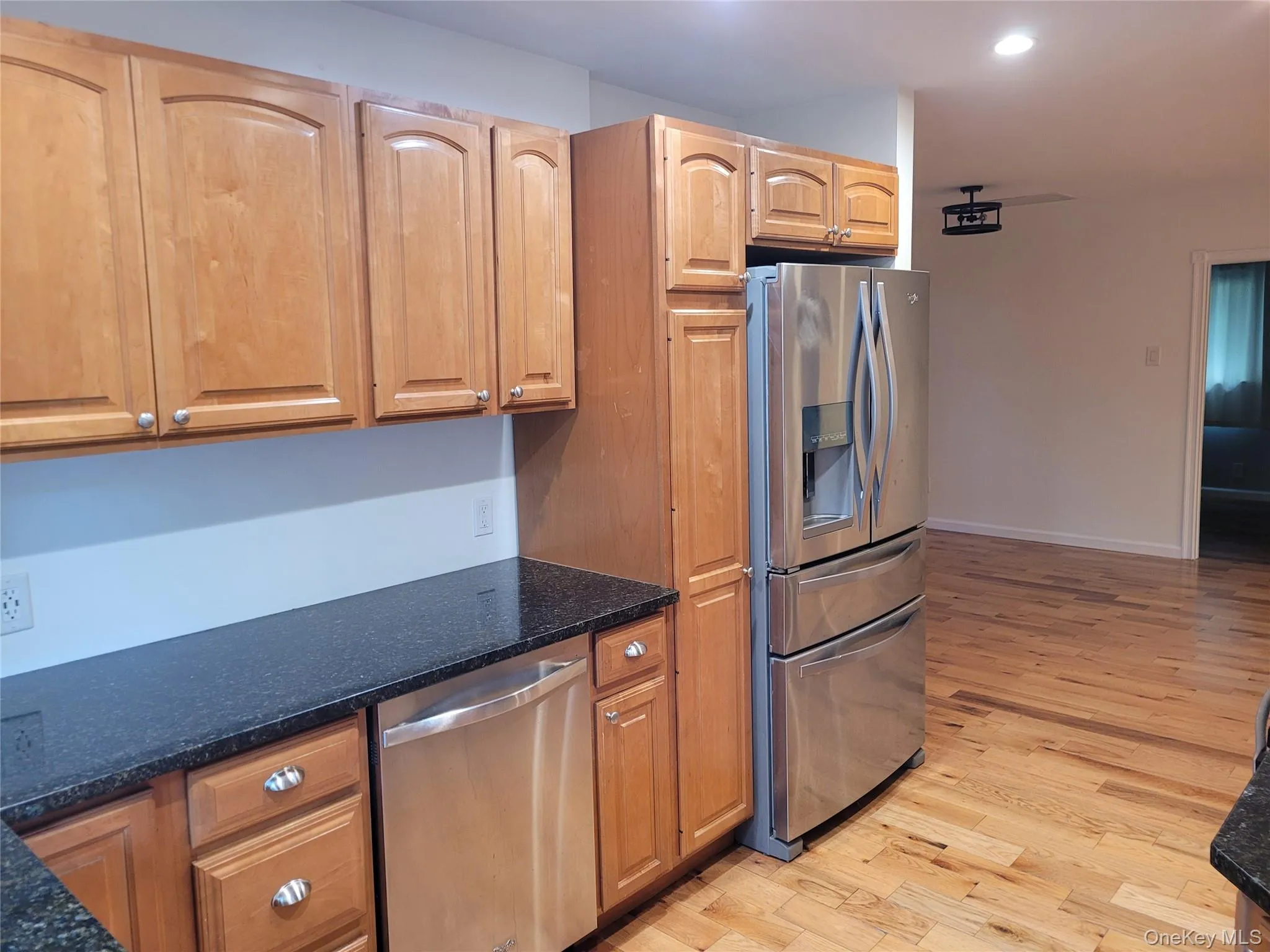 Kitchen featuring stainless steel appliances, light wood-style flooring, dark stone counters, and recessed lighting Kitchen featuring stainless steel appliances, light wood-style flooring, dark stone counters, and recessed lighting