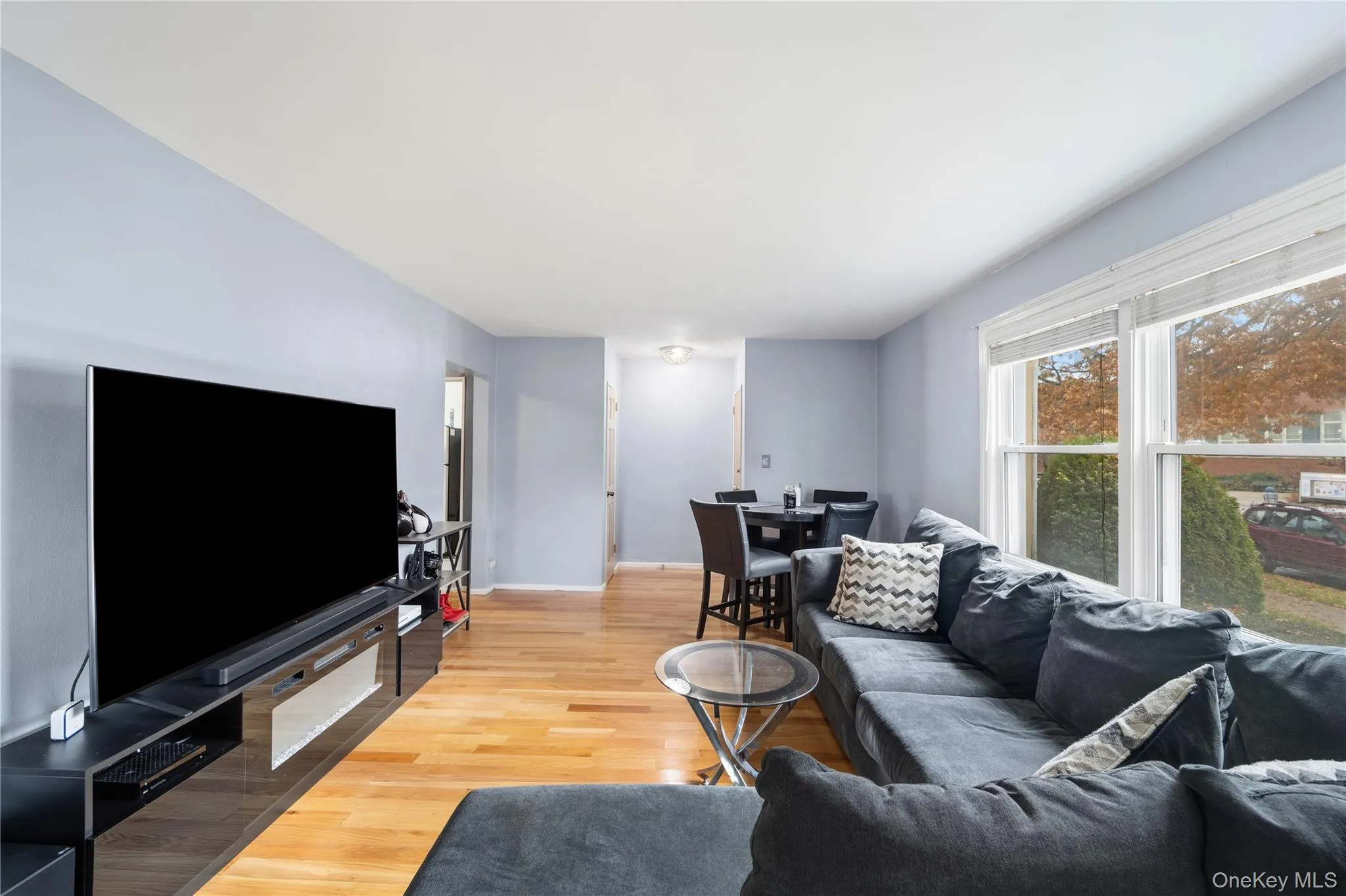 Living area with light wood-style flooring and baseboards Living area with light wood-style flooring and baseboards