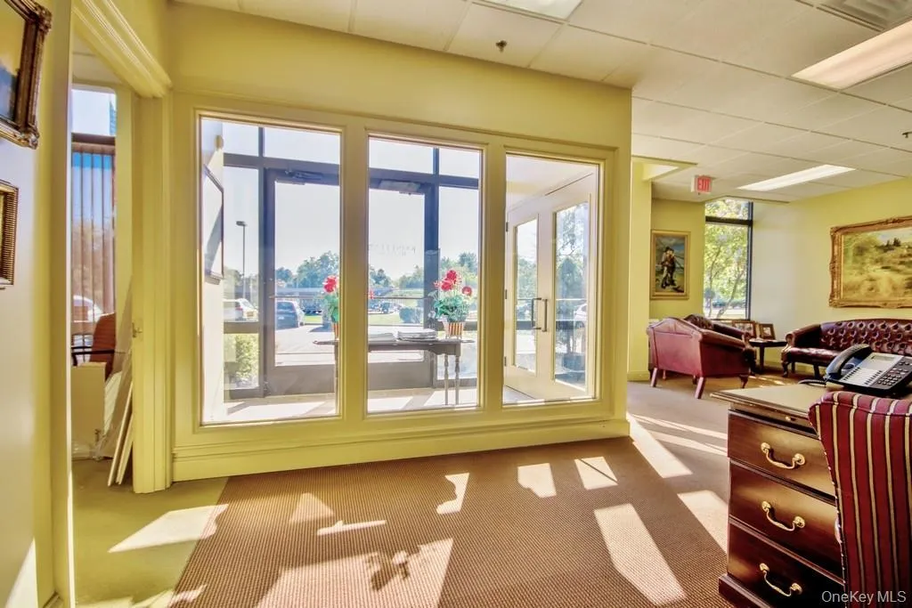 Doorway featuring carpet flooring and a paneled ceiling Doorway featuring carpet flooring and a paneled ceiling