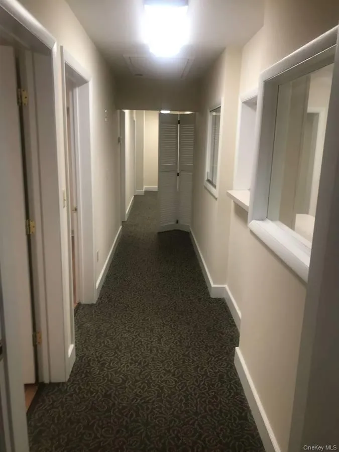 Hallway with dark carpet and baseboards Hallway with dark carpet and baseboards