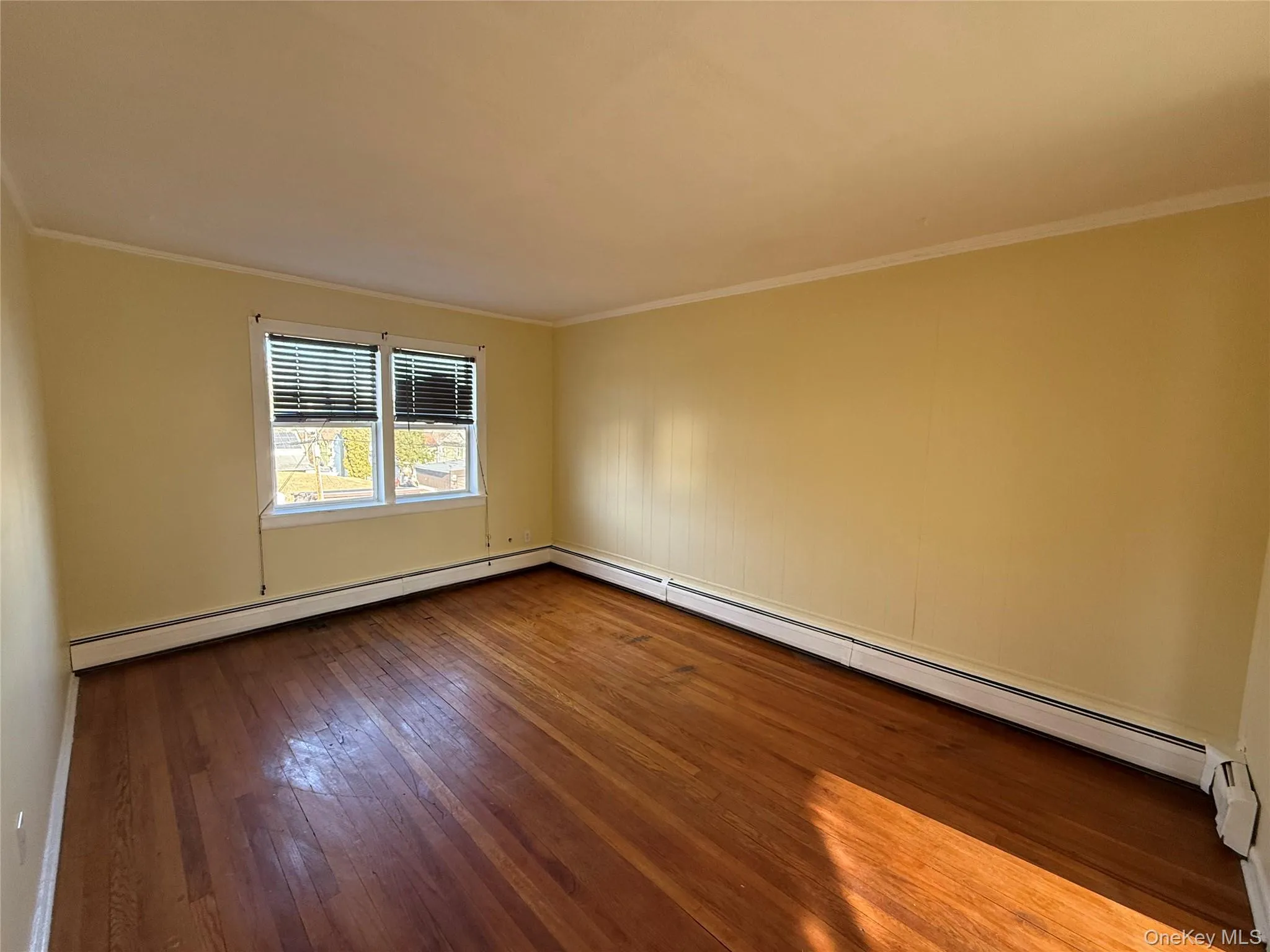 Empty room featuring a baseboard radiator, ornamental molding, and dark wood-style flooring Empty room featuring a baseboard radiator, ornamental molding, and dark wood-style flooring