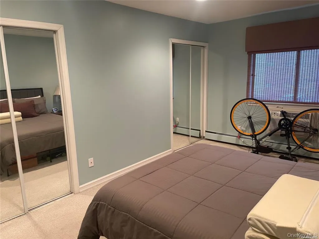 Bedroom featuring light carpet, a closet, a baseboard heating unit, and baseboard heating Bedroom featuring light carpet, a closet, a baseboard heating unit, and baseboard heating