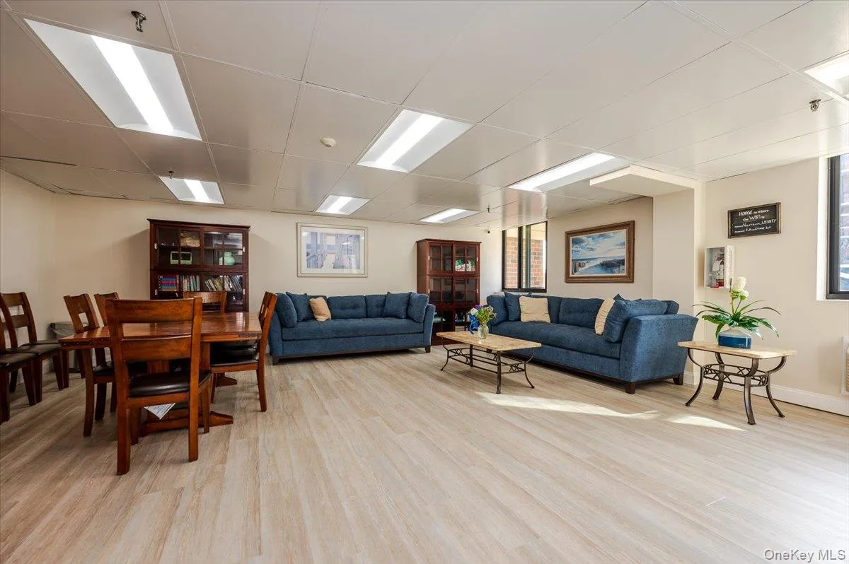 Living room featuring a drop ceiling and light wood finished floors Living room featuring a drop ceiling and light wood finished floors