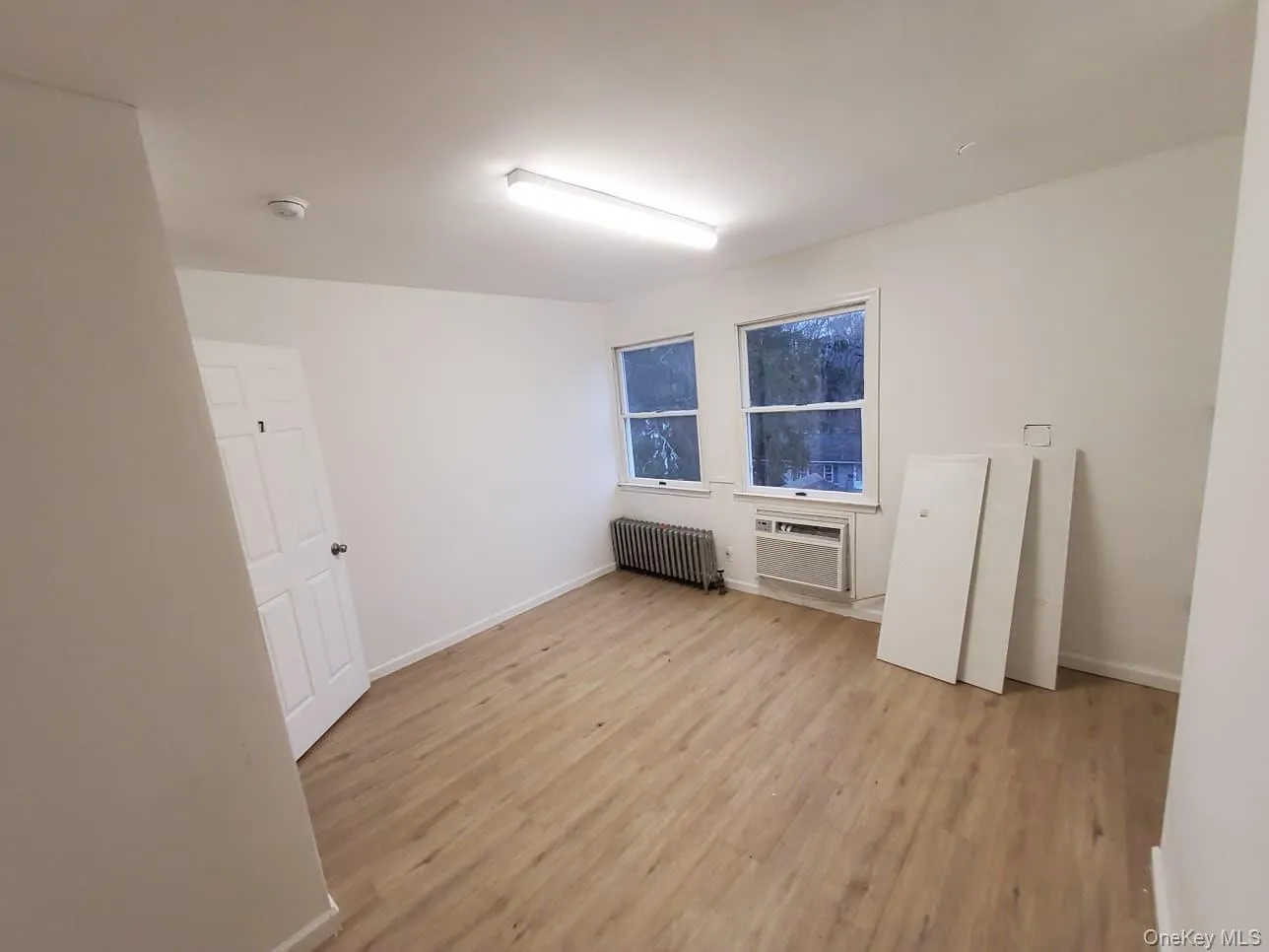 Spare room featuring radiator heating unit, light wood finished floors, and a wall unit AC Spare room featuring radiator heating unit, light wood finished floors, and a wall unit AC