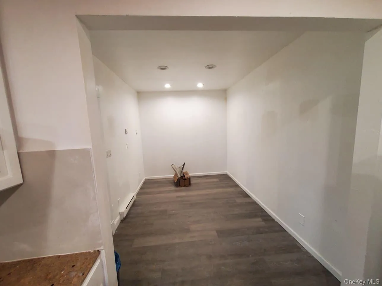 Unfurnished dining area featuring dark wood-style floors, baseboard heating, and recessed lighting Unfurnished dining area featuring dark wood-style floors, baseboard heating, and recessed lighting