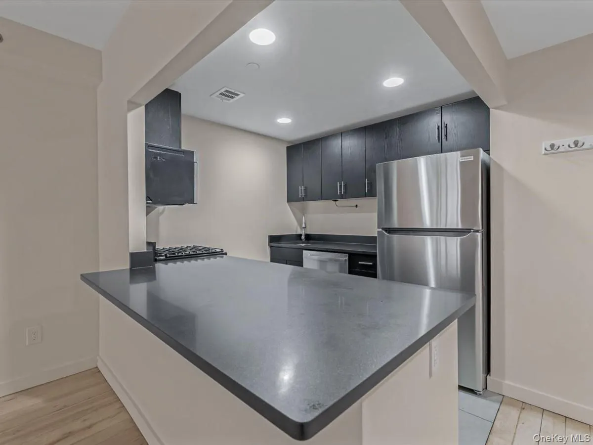 Kitchen with a peninsula, stainless steel appliances, light wood-style floors, and recessed lighting Kitchen with a peninsula, stainless steel appliances, light wood-style floors, and recessed lighting