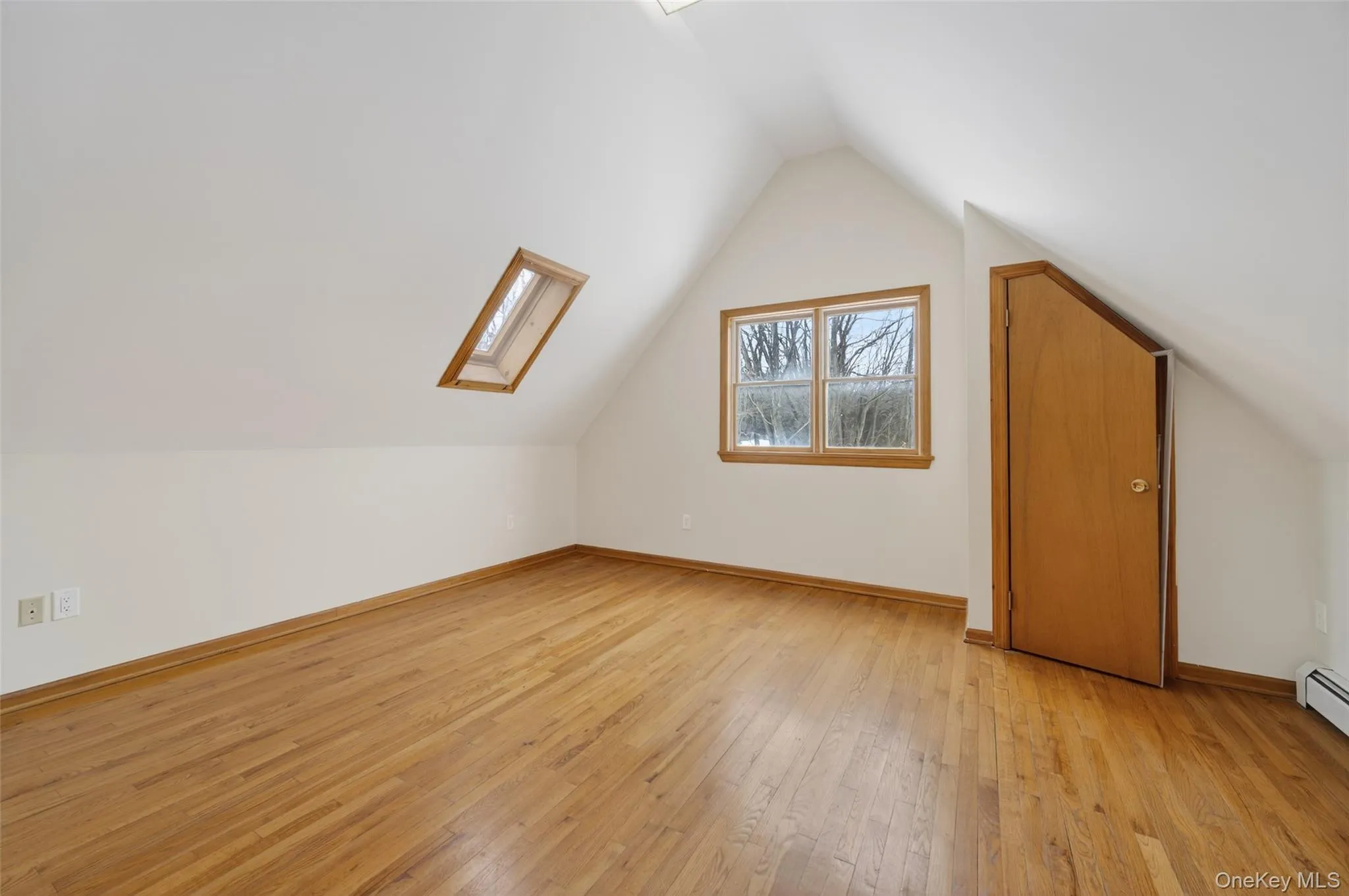 Bedroom featuring vaulted ceiling, light wood-style floors, and a skylight Bedroom featuring vaulted ceiling, light wood-style floors, and a skylight