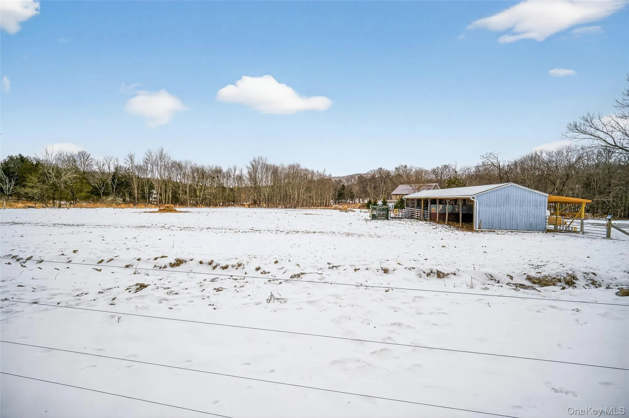 Horse paddock covered in snow with a wooded view Horse paddock covered in snow with a wooded view