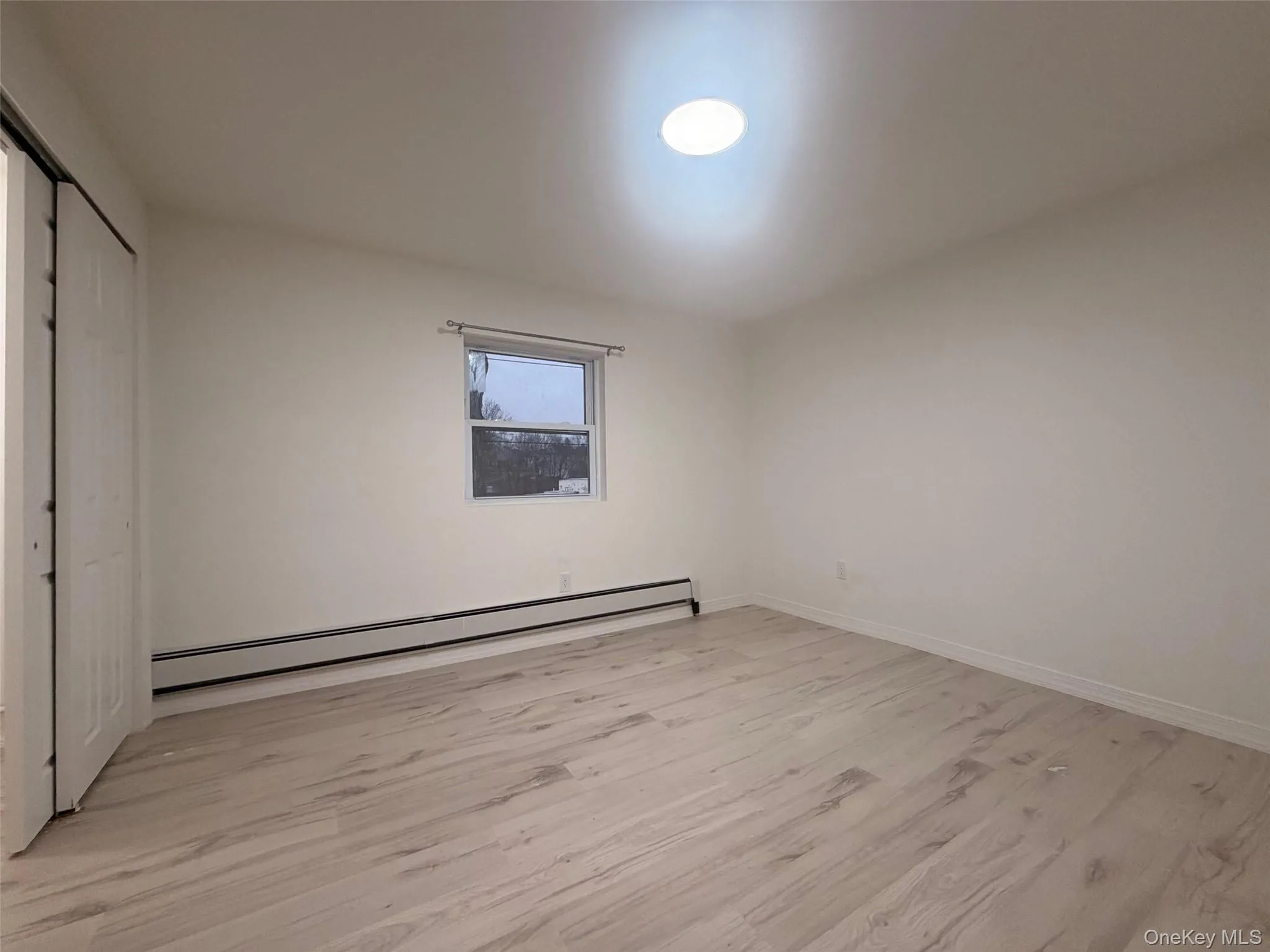 Bedroom with a baseboard radiator, light wood-type flooring, and a closet Bedroom with a baseboard radiator, light wood-type flooring, and a closet