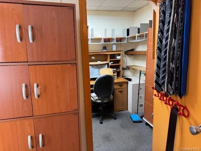 Carpeted home office with a drop ceiling Carpeted home office with a drop ceiling