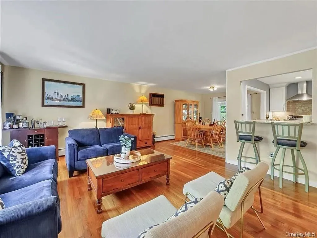 Living room featuring a baseboard radiator and hardwood / wood-style floors Living room featuring a baseboard radiator and hardwood / wood-style floors