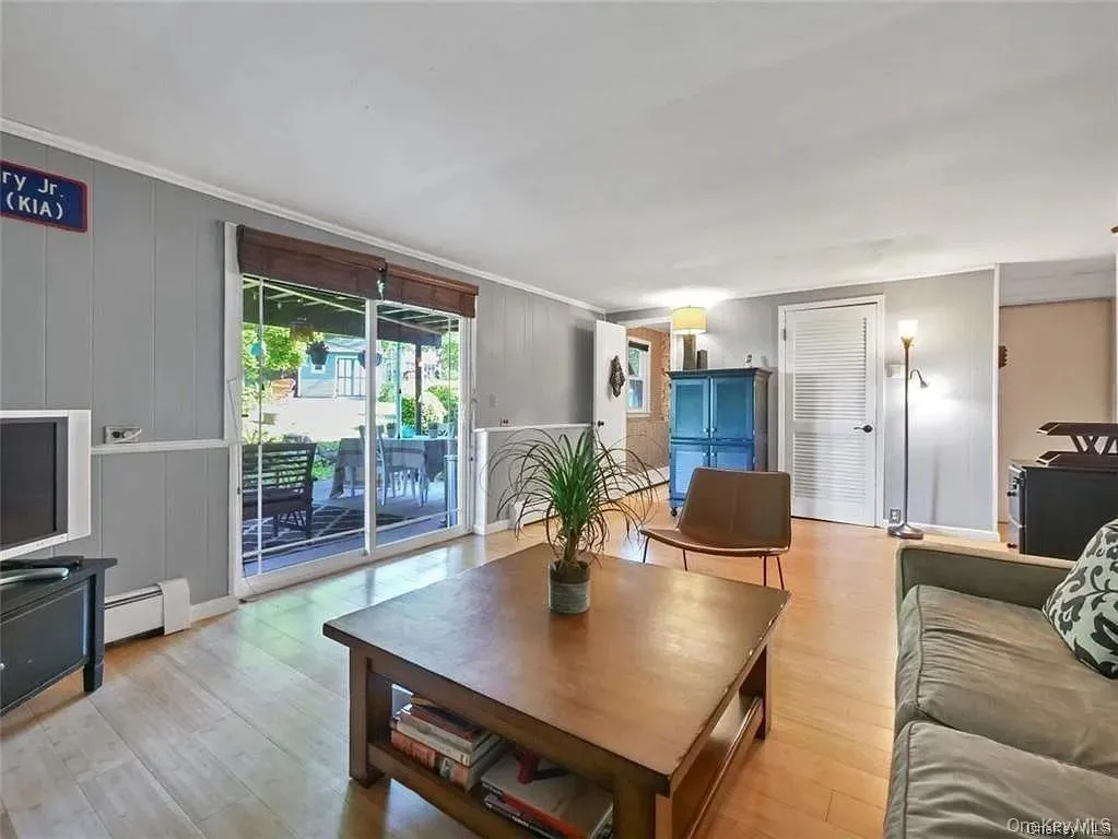 Living room featuring a baseboard heating unit, ornamental molding, and light hardwood / wood-style floors Living room featuring a baseboard heating unit, ornamental molding, and light hardwood / wood-style floors