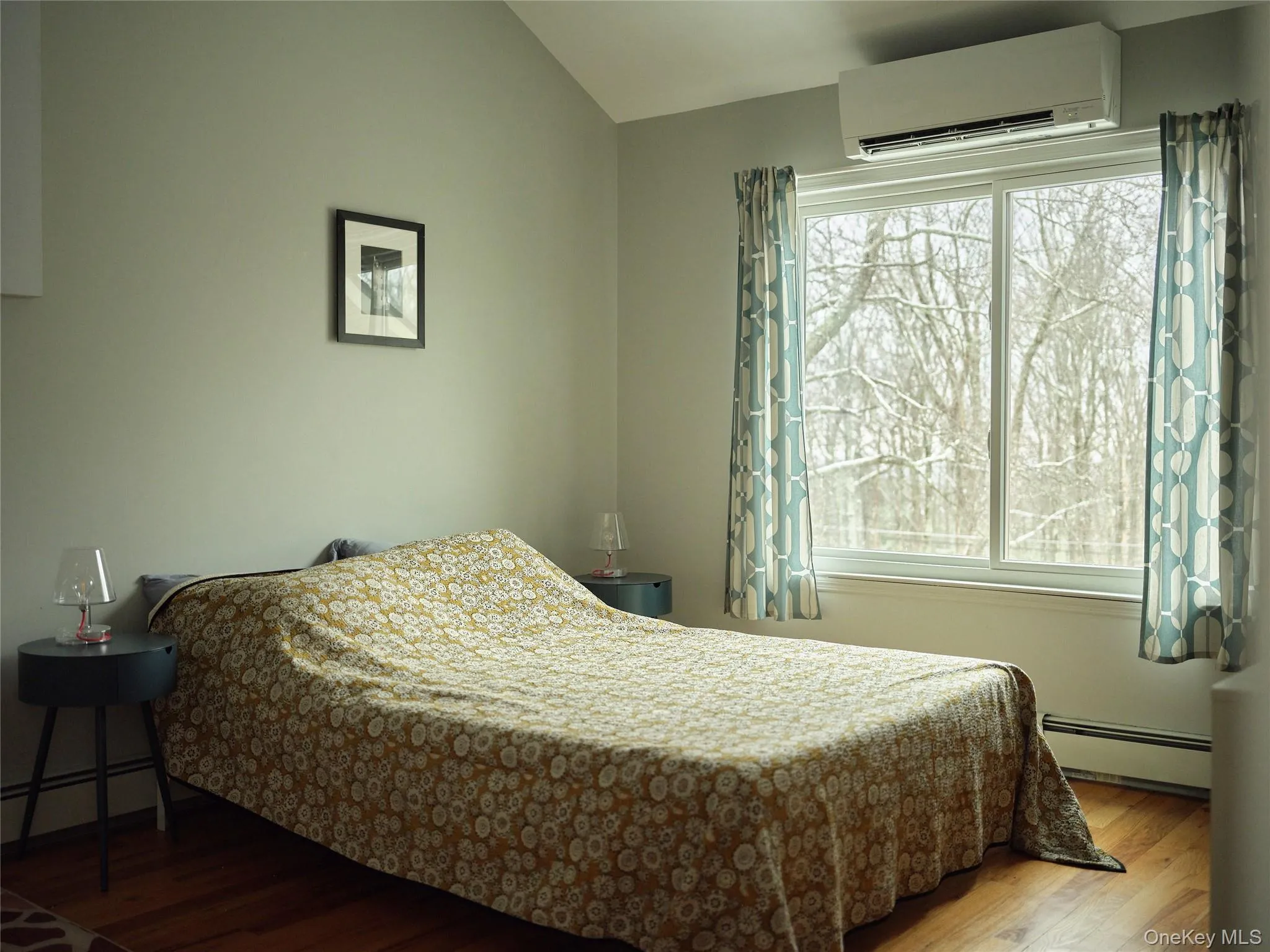 Bedroom with a wall mounted AC, a baseboard radiator, wood finished floors, and vaulted ceiling Bedroom with a wall mounted AC, a baseboard radiator, wood finished floors, and vaulted ceiling