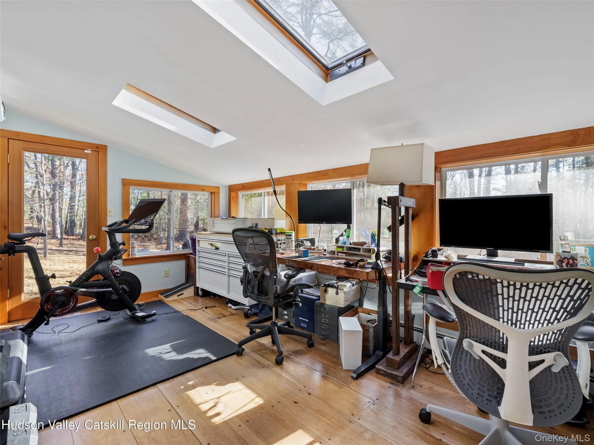Office with vaulted ceiling, healthy amount of natural light, a skylight, and light wood-type flooring Office with vaulted ceiling, healthy amount of natural light, a skylight, and light wood-type flooring
