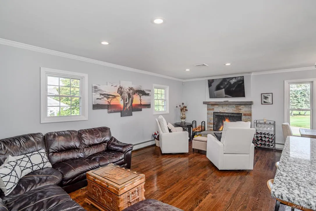 Living room with ornamental molding, a stone fireplace, baseboard heating, dark wood-style floors, and recessed lighting Living room with ornamental molding, a stone fireplace, baseboard heating, dark wood-style floors, and recessed lighting