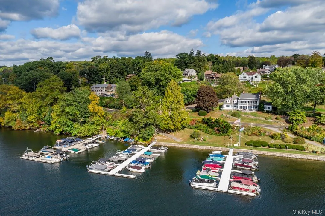 Bird's eye view of a large body of water and numerous boat docks Bird's eye view of a large body of water and numerous boat docks