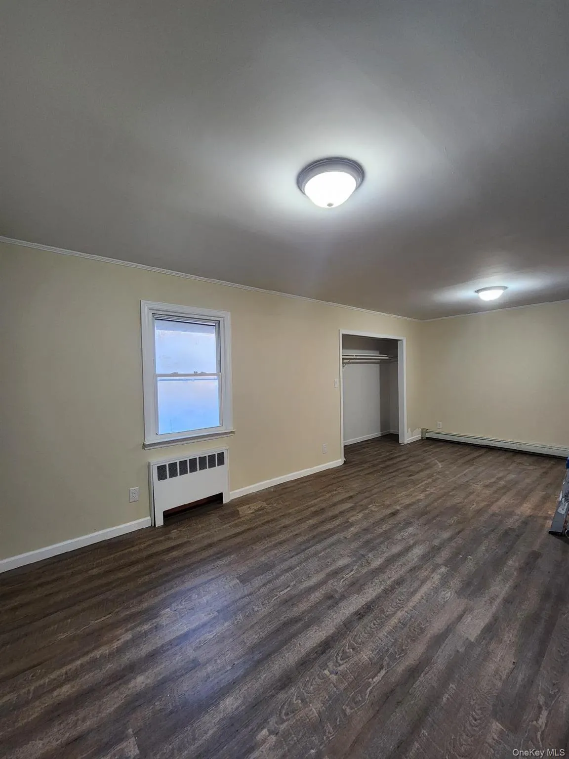 Unfurnished bedroom featuring radiator, dark wood finished floors, a closet, and baseboard heating Unfurnished bedroom featuring radiator, dark wood finished floors, a closet, and baseboard heating