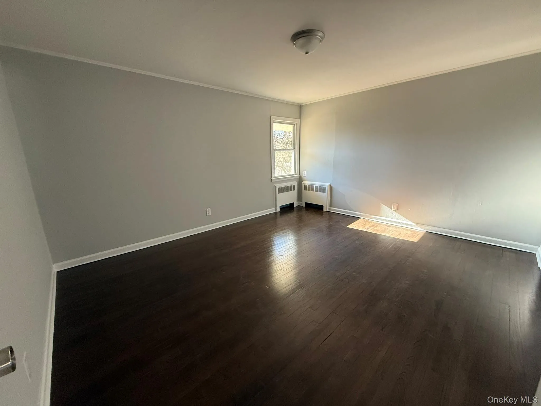 Empty room featuring crown molding, radiator, and dark wood finished floors Empty room featuring crown molding, radiator, and dark wood finished floors