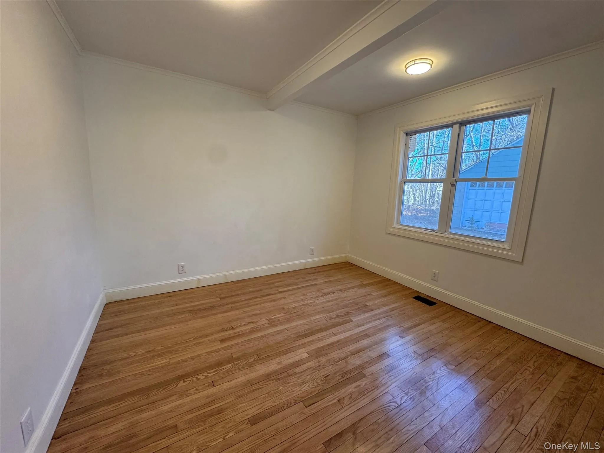 Empty room with ornamental molding and light wood-style floors Empty room with ornamental molding and light wood-style floors