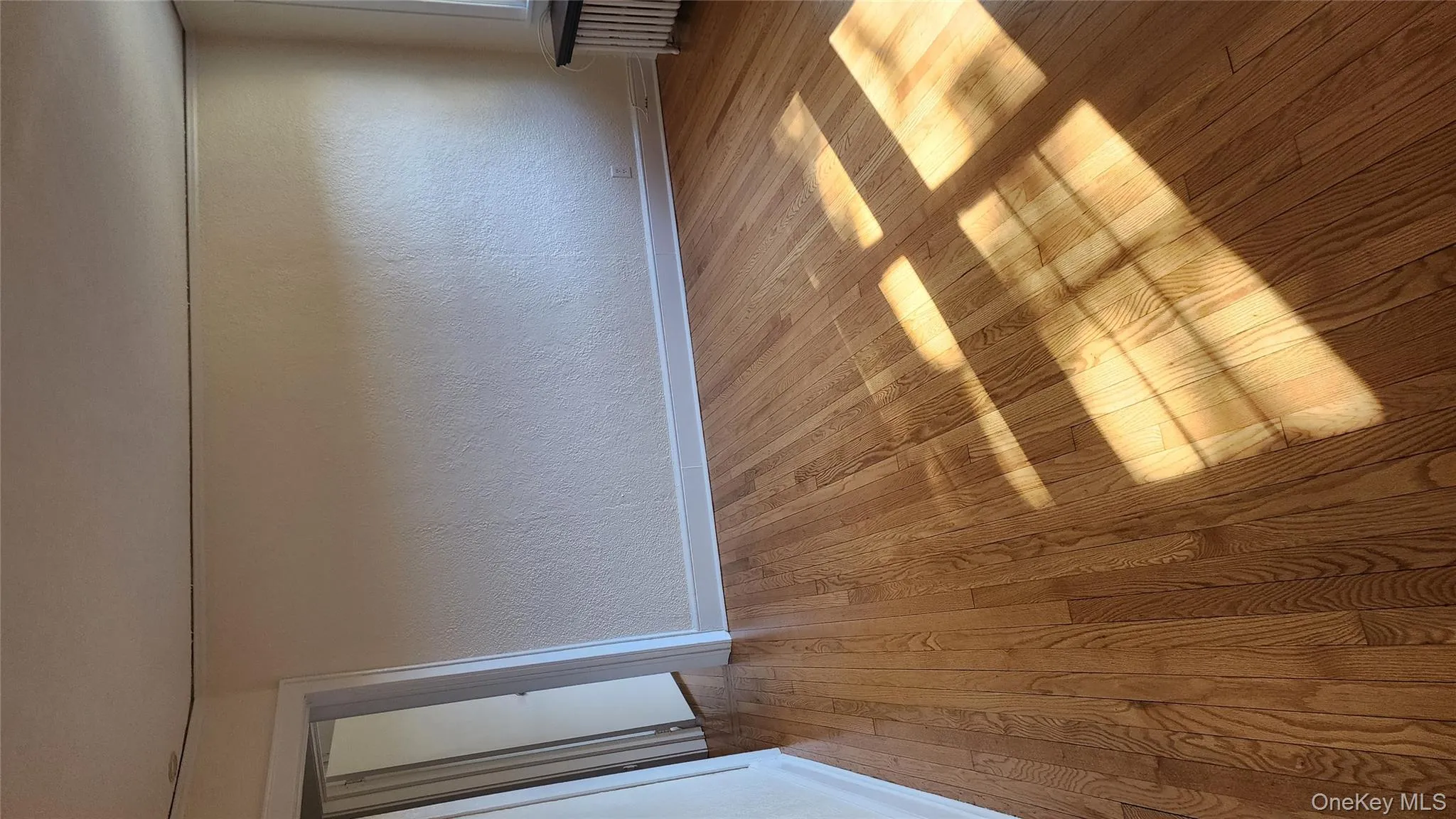 Unfurnished room featuring a textured wall, radiator heating unit, and wood finished floors Unfurnished room featuring a textured wall, radiator heating unit, and wood finished floors