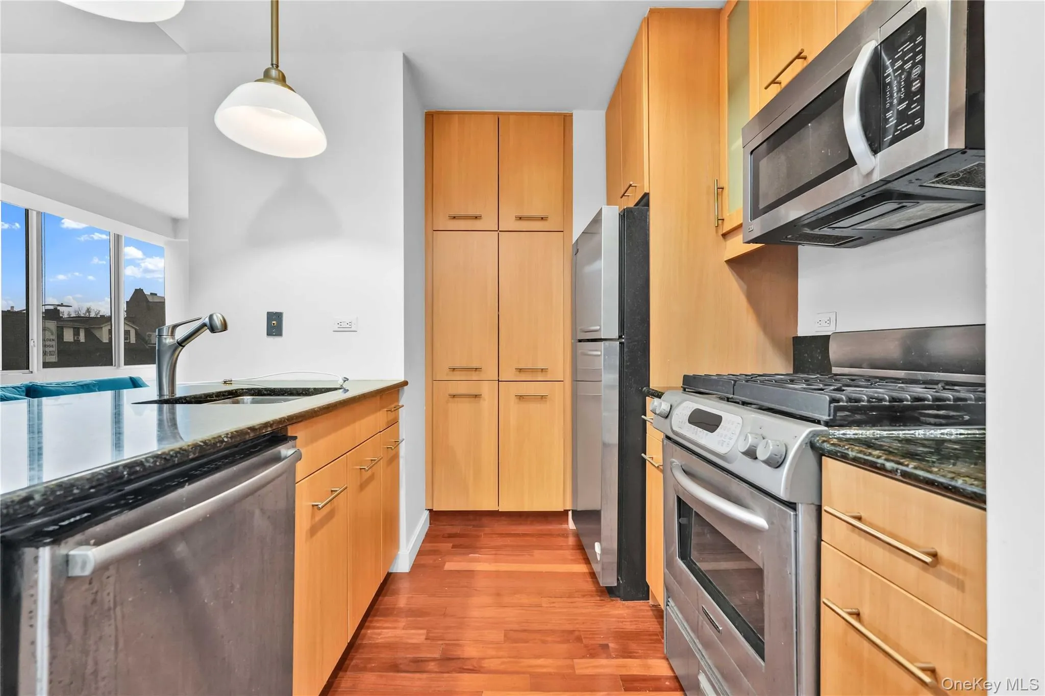 Kitchen with appliances with stainless steel finishes, dark stone countertops, hanging light fixtures, and light wood-style flooring Kitchen with appliances with stainless steel finishes, dark stone countertops, hanging light fixtures, and light wood-style flooring