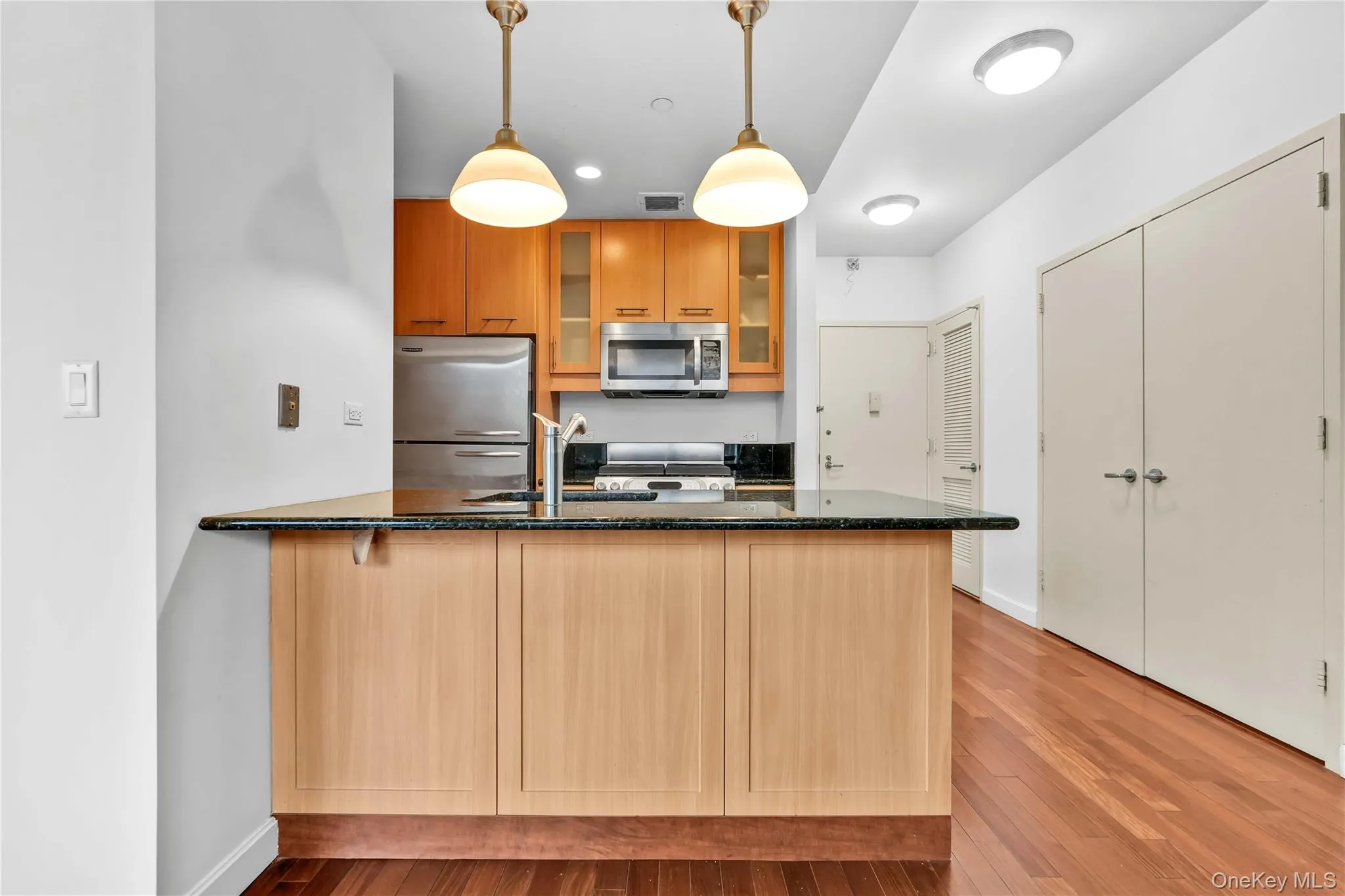 Kitchen with dark stone countertops, a peninsula, stainless steel appliances, glass insert cabinets, and decorative light fixtures Kitchen with dark stone countertops, a peninsula, stainless steel appliances, glass insert cabinets, and decorative light fixtures