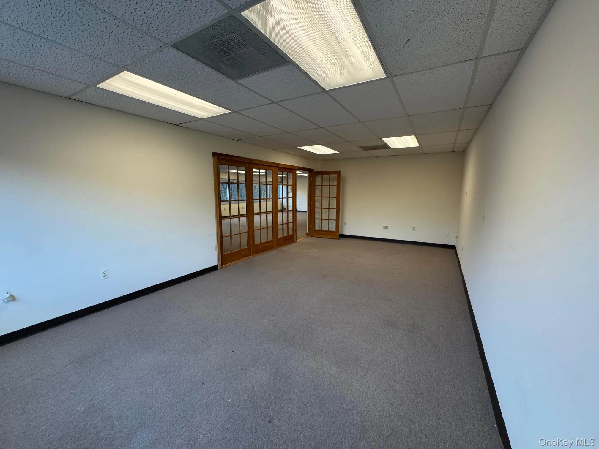 Carpeted empty room with french doors and a drop ceiling Carpeted empty room with french doors and a drop ceiling