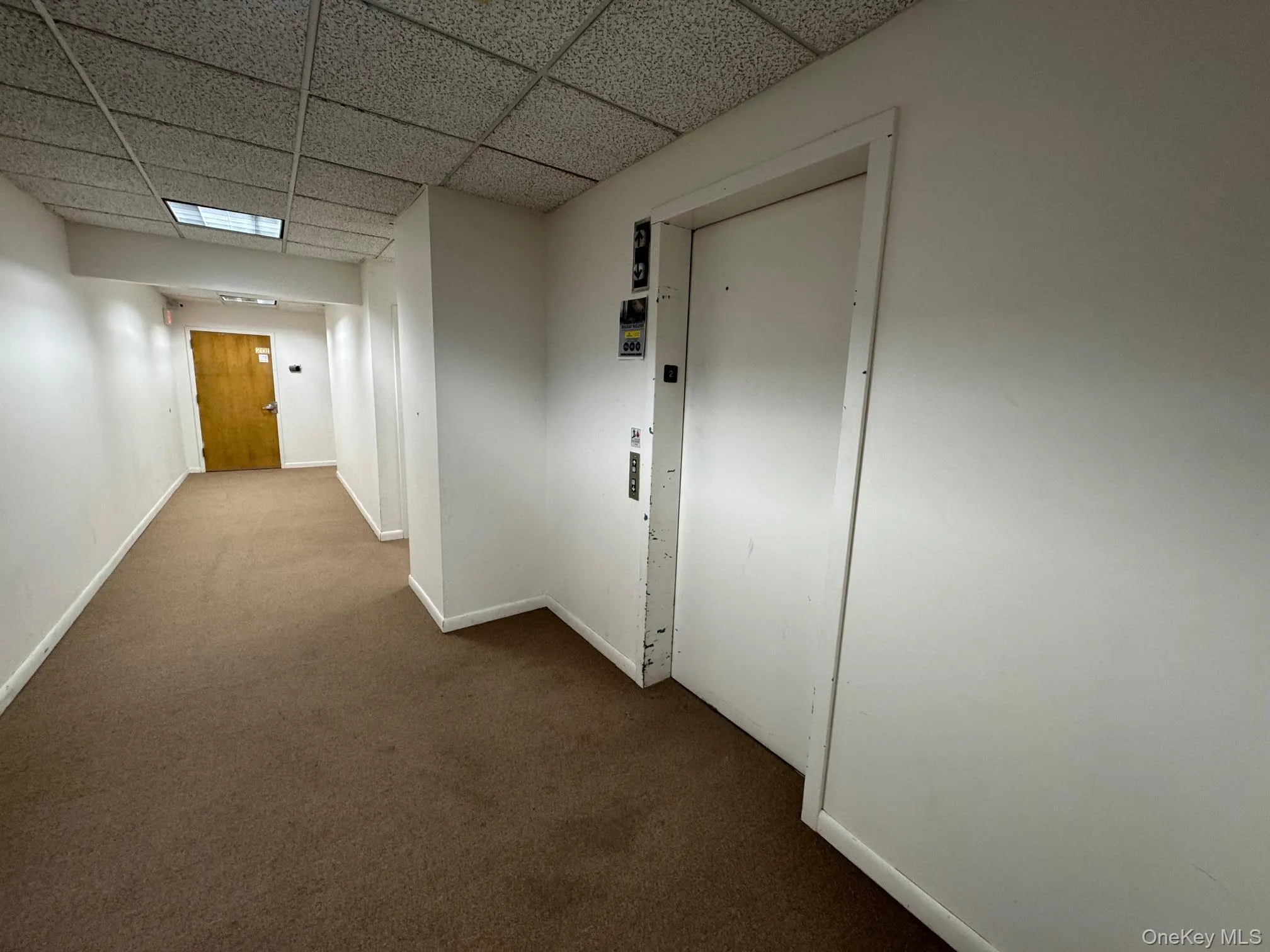 Hallway with dark carpet, elevator, and a drop ceiling Hallway with dark carpet, elevator, and a drop ceiling