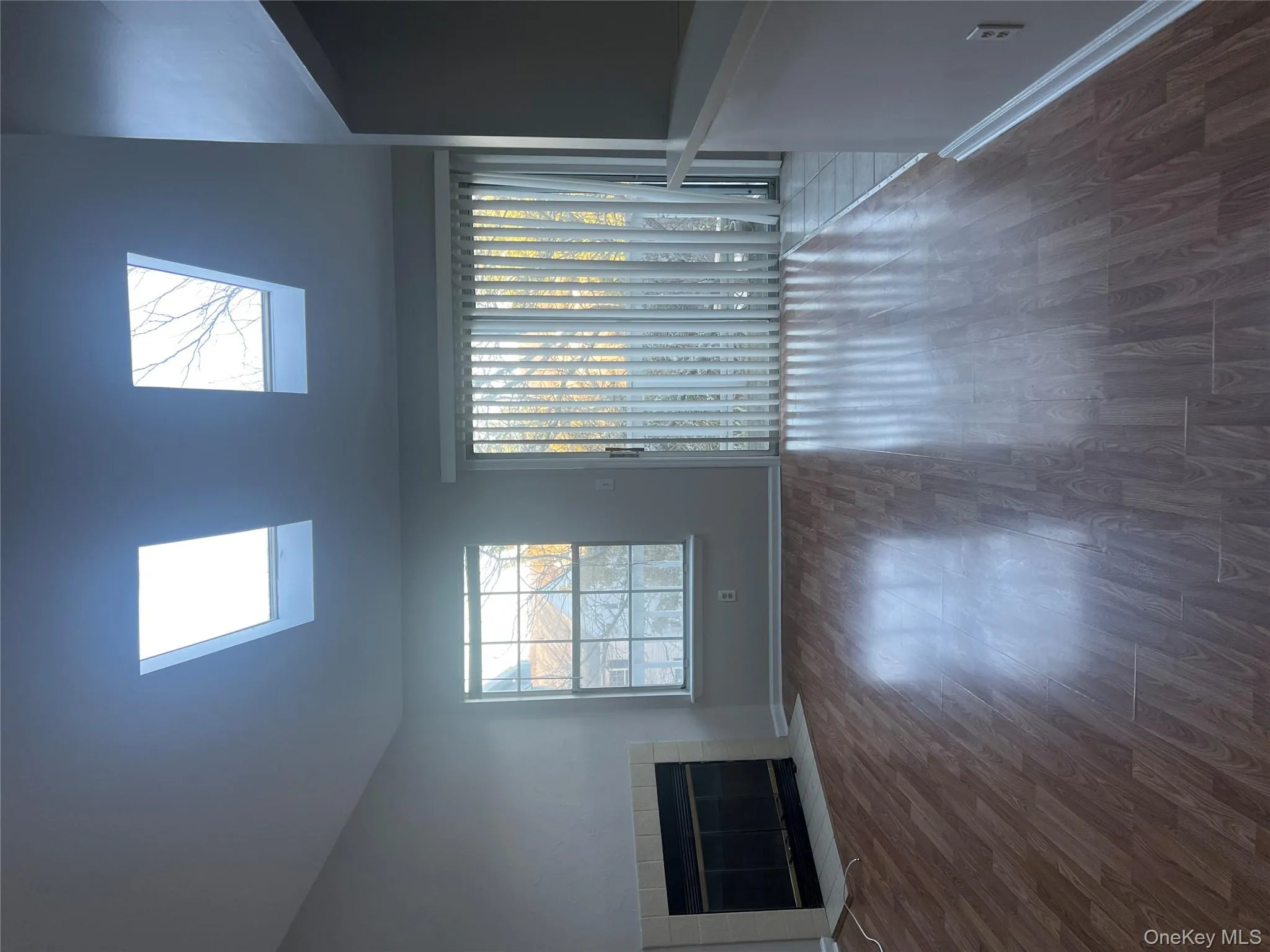 Unfurnished living room with a tile fireplace, dark wood finished floors, and a skylight Unfurnished living room with a tile fireplace, dark wood finished floors, and a skylight