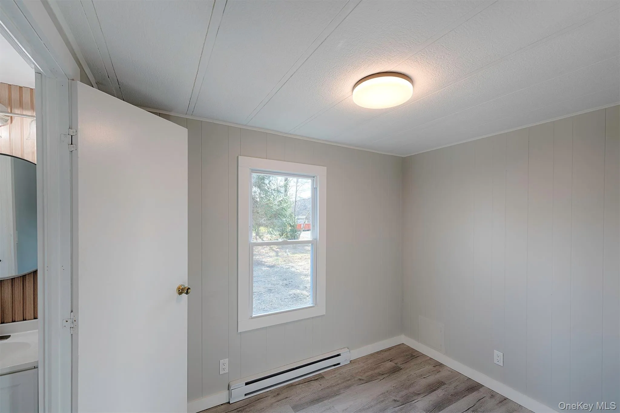 Spare room with a baseboard radiator, light wood-style flooring, and wood walls Spare room with a baseboard radiator, light wood-style flooring, and wood walls