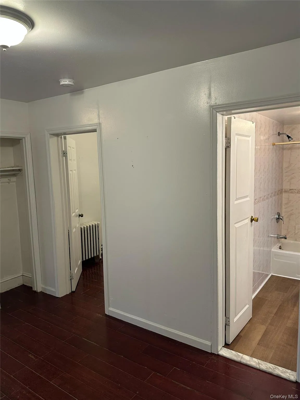 Corridor featuring dark wood finished floors and radiator Corridor featuring dark wood finished floors and radiator