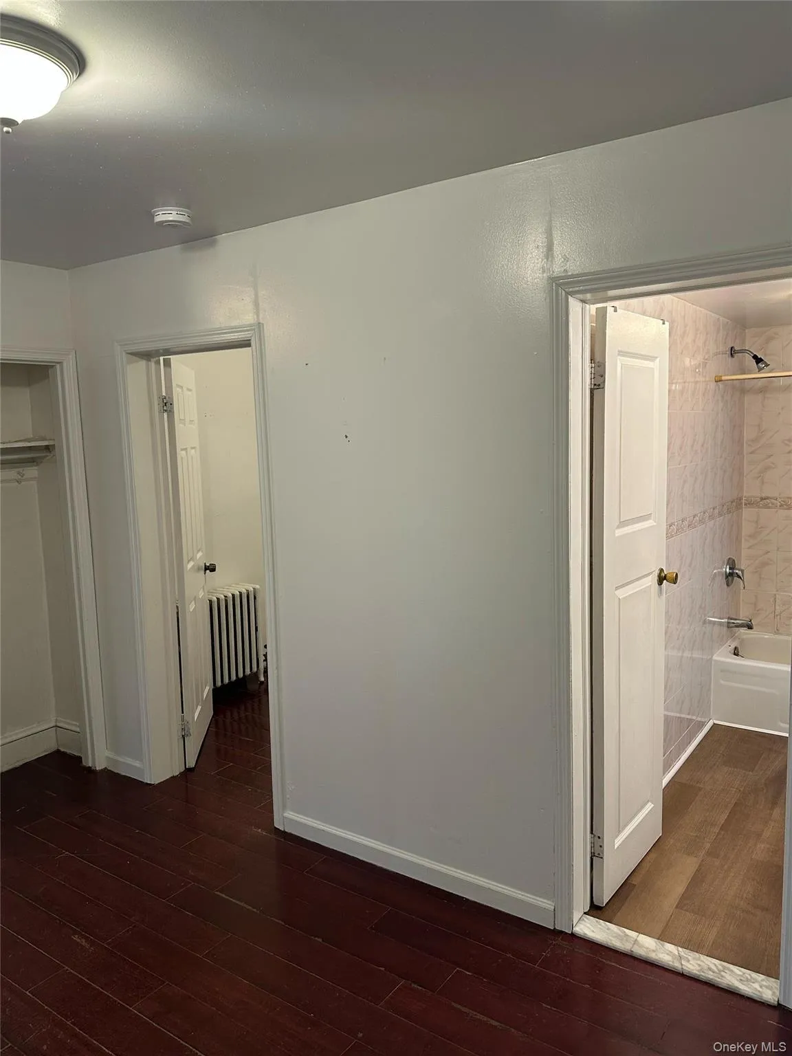 Hallway with dark wood-style flooring and radiator Hallway with dark wood-style flooring and radiator