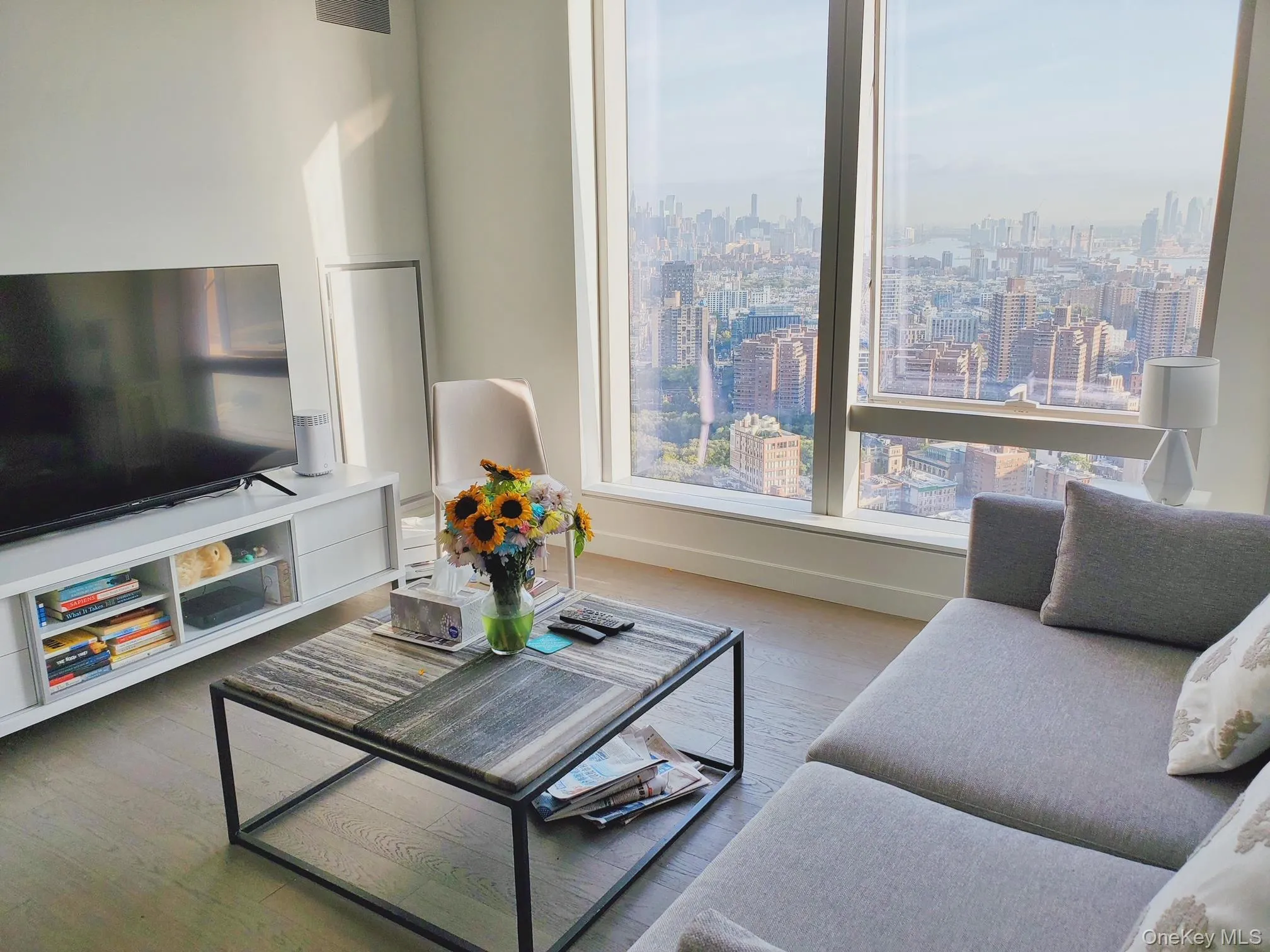 Living room featuring a view of city and wood finished floors Living room featuring a view of city and wood finished floors
