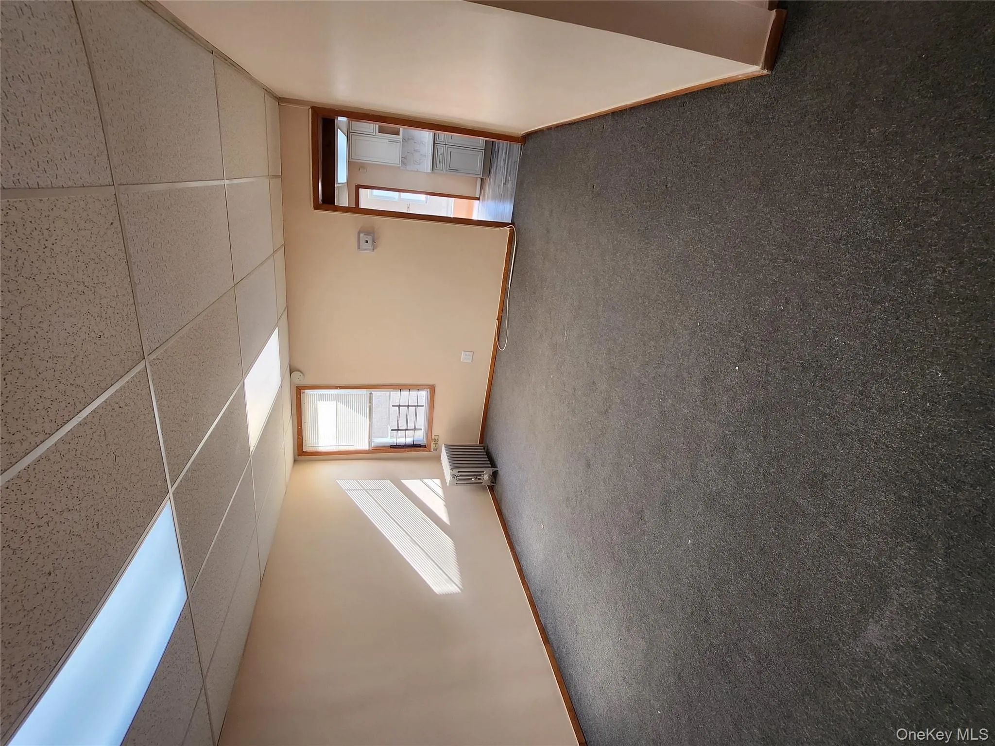 Carpeted spare room featuring a paneled ceiling and radiator heating unit Carpeted spare room featuring a paneled ceiling and radiator heating unit